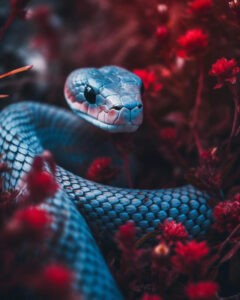 serpente blu tra fiori rossi in sogno